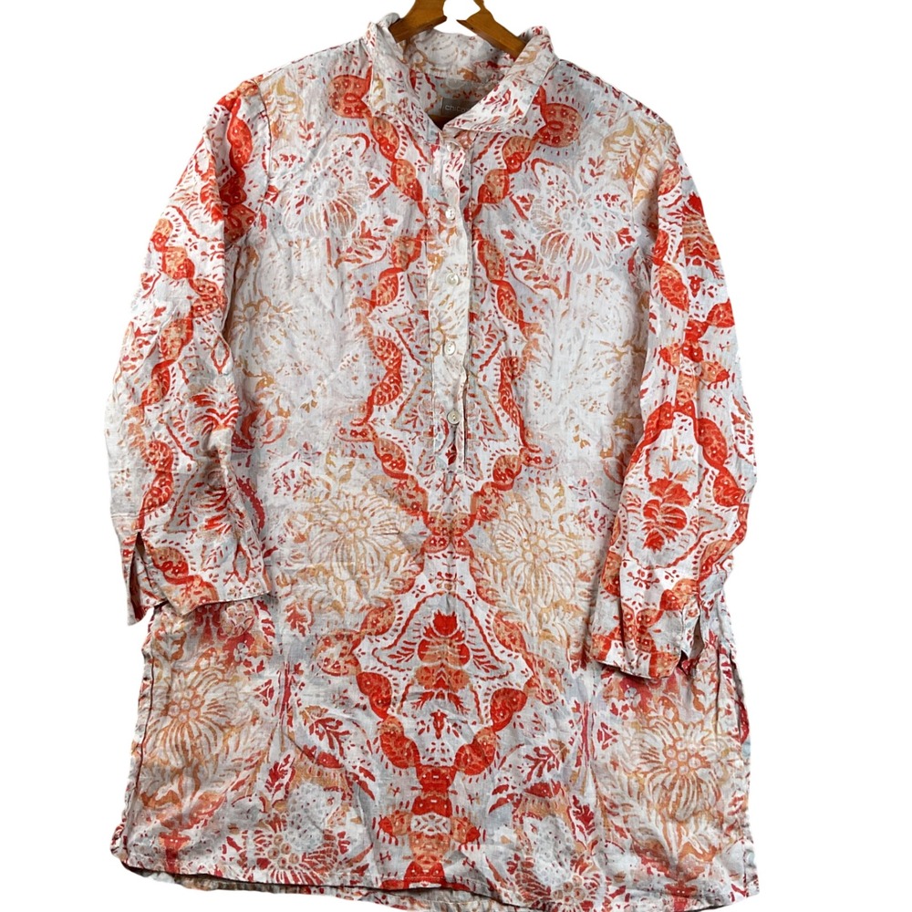 Chico's Tunic Blouse Womens 0 S Orange White Linen Medallion Excellent Longline